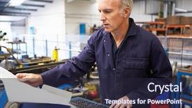  Presentation with factory - PPT theme featuring factory engineer operating hydraulic tube background and a  colored foreground