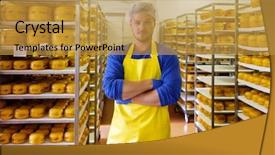  Presentation with factory farming - Beautiful presentation theme featuring factory farming - handsome cheesemaker is checking cheeses backdrop and a gold colored foreground