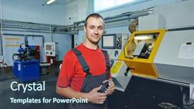  Presentation with manufacture - Theme having factory metal machining shop background and a ocean colored foreground