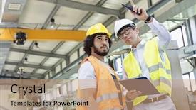  Presentation with worker - Theme enhanced with factory people - supervisor showing something to manual background and a coral colored foreground