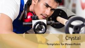  Presentation with manufacturing process - Audience pleasing presentation design consisting of factory preparing the manufacturing process backdrop and a yellow colored foreground