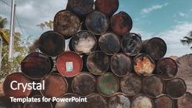  Presentation with oil products - Colorful slide deck enhanced with factory steel shed - old rusted colorful barrels backdrop and a tawny brown colored foreground