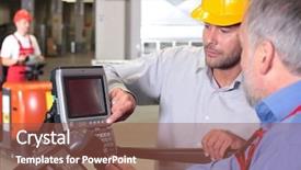  Presentation with factory workers - Audience pleasing slides consisting of factory third one on forklift backdrop and a tawny brown colored foreground