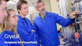  Presentation with students - Presentation enhanced with factory tour - tutor explaining pipework to students background and a royal blue colored foreground