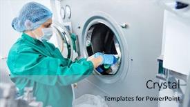  Presentation with pharmaceutical factory - Presentation featuring factory woman worker operating tablet background and a light blue colored foreground