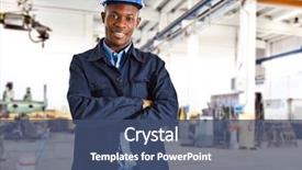  Presentation with factory - Presentation design consisting of factory worker - portrait of an handsome black background and a ocean colored foreground