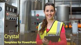  Presentation with manufacturing - Presentation theme enhanced with factory worker holding digital tablet background and a tawny brown colored foreground