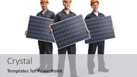  Presentation with factory workers - Presentation design having factory-workers-in-uniforms-holding background and a light gray colored foreground