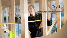  Presentation with construction site construction - Audience pleasing PPT theme consisting of facturation - carpenter laughing while measuring wood backdrop and a  colored foreground