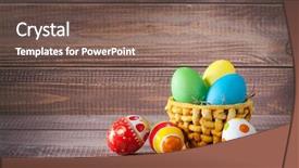  Presentation with easter basket - Audience pleasing slide set consisting of facture - easter color eggs in basket backdrop and a violet colored foreground