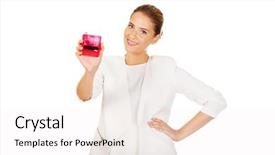  Presentation with tyre rubber waste - PPT theme with facture - young businesswoman holding pink rubber background and a  colored foreground