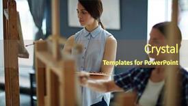  Presentation with school clip arts - Presentation theme consisting of faculty humanities - two women painting on easels background and a tawny brown colored foreground