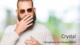  Presentation with young - Colorful presentation design enhanced with faiblesses - young hipster man wearing sunglasses backdrop and a coral colored foreground