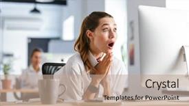  Presentation with power tactics at workplace - Cool new presentation with fail - shocked young businesswoman sitting backdrop and a coral colored foreground