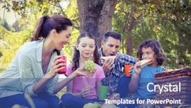  Presentation with family day - Cool new presentation design with fair camping - happy family having a picnic backdrop and a ocean colored foreground