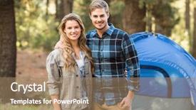  Presentation with happy camper - Slide set consisting of fair camping - happy young camper couple looking background and a coral colored foreground