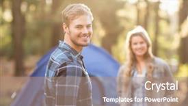  Presentation with happy camper - Audience pleasing PPT layouts consisting of fair camping - happy young camper couple smiling backdrop and a coral colored foreground