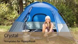  Presentation with smiling kids at summer camp - Presentation design consisting of fair camping - portrait of pretty blonde camper background and a coral colored foreground