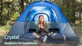  Presentation with smiling paramedic sitting in ambulance - Slide deck with fair camping - pretty blonde camper smiling background and a ocean colored foreground