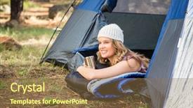  Presentation with tent - Theme having fair camping - pretty blonde camper smiling background and a coral colored foreground