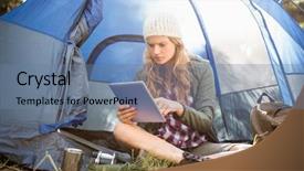  Presentation with tablet - Colorful presentation design enhanced with fair camping - pretty blonde camper using tablet backdrop and a seafoam green colored foreground