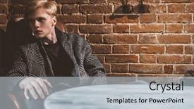  Presentation with mens fashion portrait - PPT layouts enhanced with fair-haired guy in checkered background and a light gray colored foreground