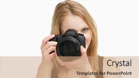  Presentation with fair - Colorful PPT layouts enhanced with fair-haired woman aiming with a camera against white background backdrop and a coral colored foreground