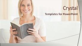  Presentation with book fair - Colorful slide deck enhanced with fair-haired woman backdrop and a lemonade colored foreground