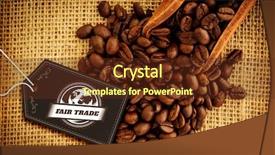  Presentation with fair trade - Colorful presentation design enhanced with fair trade graphic against wooden shovel with coffee beans backdrop and a tawny brown colored foreground