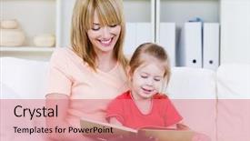  Presentation with daughter - PPT layouts consisting of fairy tale book - happy young mother with her background and a coral colored foreground