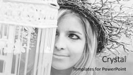  Presentation with birdcage - Presentation design featuring fairy woman holding birdcage outdoor background and a light gray colored foreground