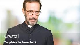  Presentation with negative - Colorful presentation design enhanced with faith doubt - middle age priest man wearing backdrop and a dark gray colored foreground