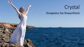  Presentation with praising god - Theme having faith rock - happy woman praising the skies background and a light blue colored foreground