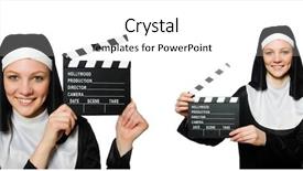  Presentation with nun - Audience pleasing presentation design consisting of faith video background - nun with movie board isolated backdrop and a  colored foreground