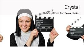  Presentation with nun - Slides with faith video background - nun with movie board isolated background and a  colored foreground