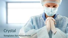  Presentation with faith - Slide set consisting of faith works - doctor female praying in hospital background and a light blue colored foreground