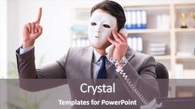  Presentation with hypocrisy - PPT theme enhanced with fake - businessman with mask in office background and a gray colored foreground