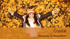  Presentation with fall leaves - Presentation with fall - autumn woman lying over leaves background and a gold colored foreground