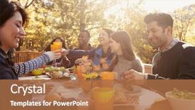  Presentation with eat - Colorful slide deck enhanced with fall - group of happy friends eat backdrop and a coral colored foreground