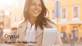  Presentation with jacket platform - Colorful slides enhanced with fall - happy brunette woman in jacket backdrop and a coral colored foreground