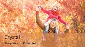  Presentation with multicolored autumn leaves orange yellow red - Theme consisting of fall - happy parent and kid walking background and a coral colored foreground