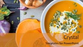  Presentation with soup - PPT theme having fall - pumpkin soup among autumn leaves background and a gold colored foreground