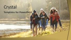  Presentation with fall lake - Slides enhanced with fall - six friends have fun piggybacking background and a mint green colored foreground