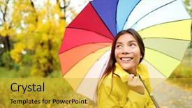  Presentation with rain fall - PPT theme featuring fall - woman happy with umbrella background and a gold colored foreground