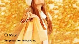  Presentation with woman pushing shopping trolley - PPT theme with fall arms - photo of pretty happy woman background and a yellow colored foreground