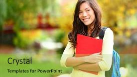  Presentation with college campus - Colorful presentation theme enhanced with fall college - beautiful woman holding red book backdrop and a yellow colored foreground