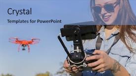  Presentation with drone technology delivery flying - Beautiful theme featuring fall college - brunette coed flying a drone backdrop and a  colored foreground