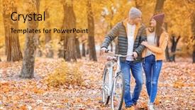  Presentation with bicycle - Audience pleasing theme consisting of fall fitness - young couple walking with bicycle backdrop and a gold colored foreground