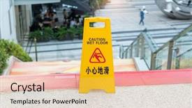  Presentation with caution - Colorful PPT theme enhanced with fall prevention - caution wet floor sign backdrop and a yellow colored foreground
