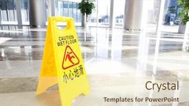  Presentation with fall prevention - Presentation design featuring fall prevention - hallway with a caution sign background and a soft green colored foreground